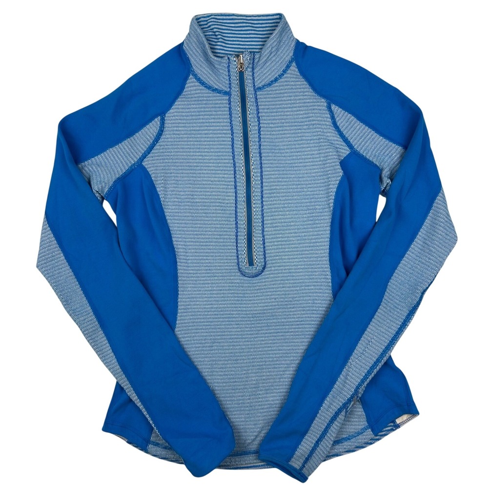 Lululemon Run Swiftly Tech 1/2 Zip Blue White Striped Pullover Thumbholes Sz 4